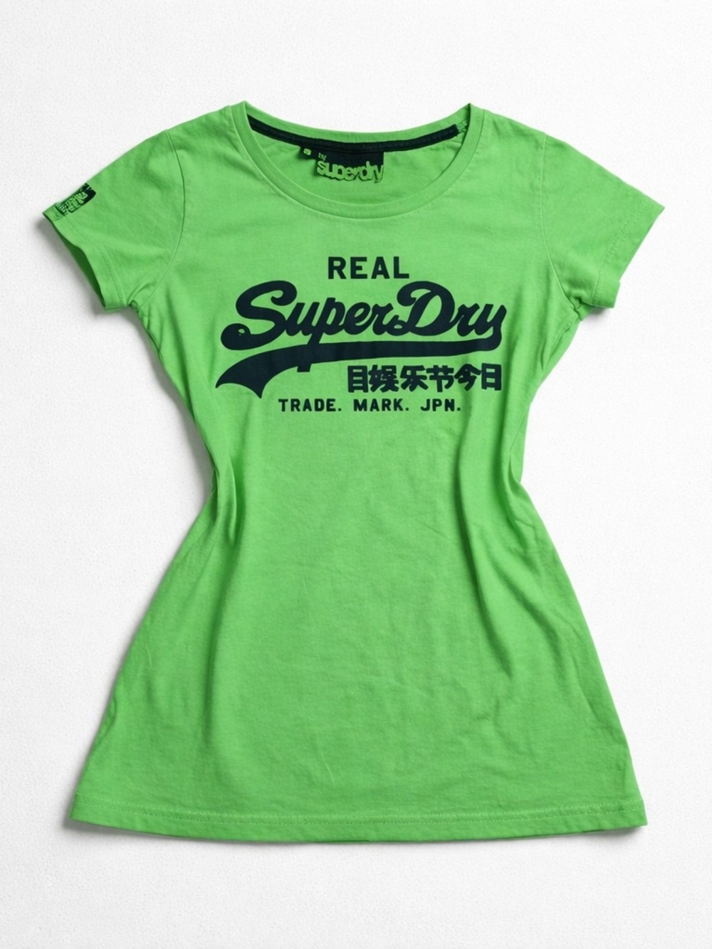 Y2K Style Superdry Bright Green Japanese Logo Baby T Shirt Women’s Small